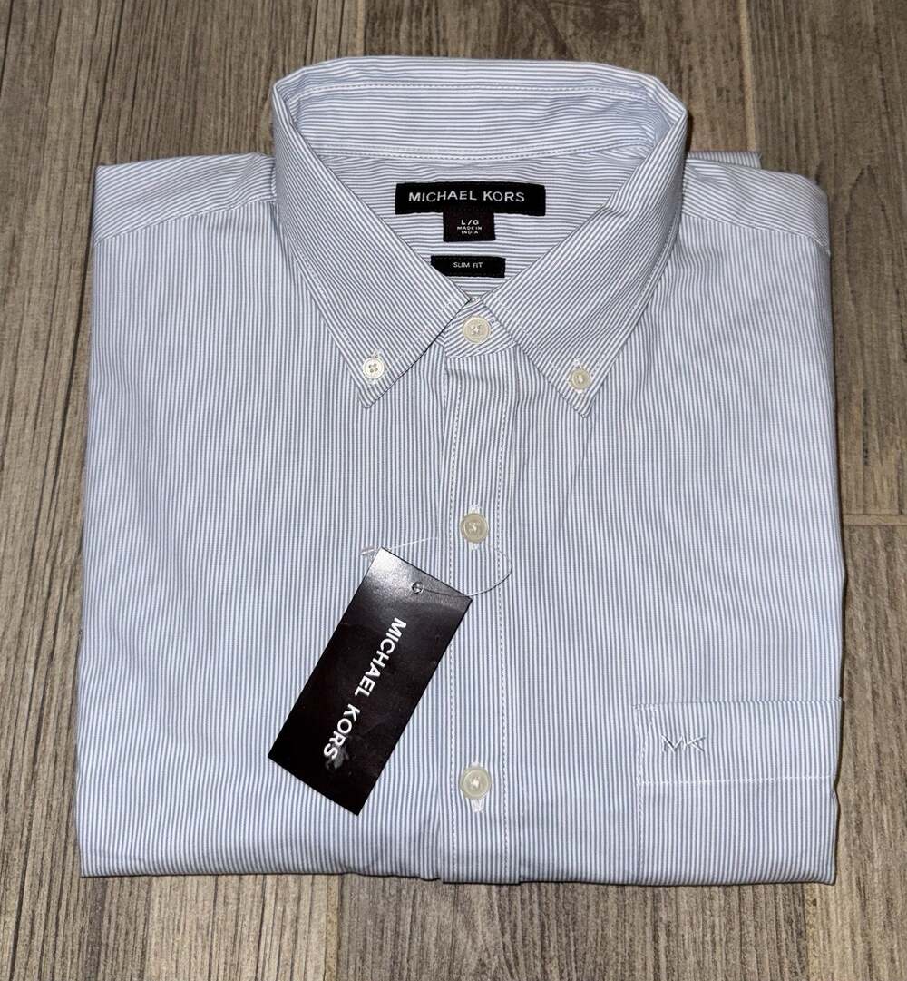 Michael Kors Men's L Slim Fit Blue/White Striped Long Sleeve Dress Shirt